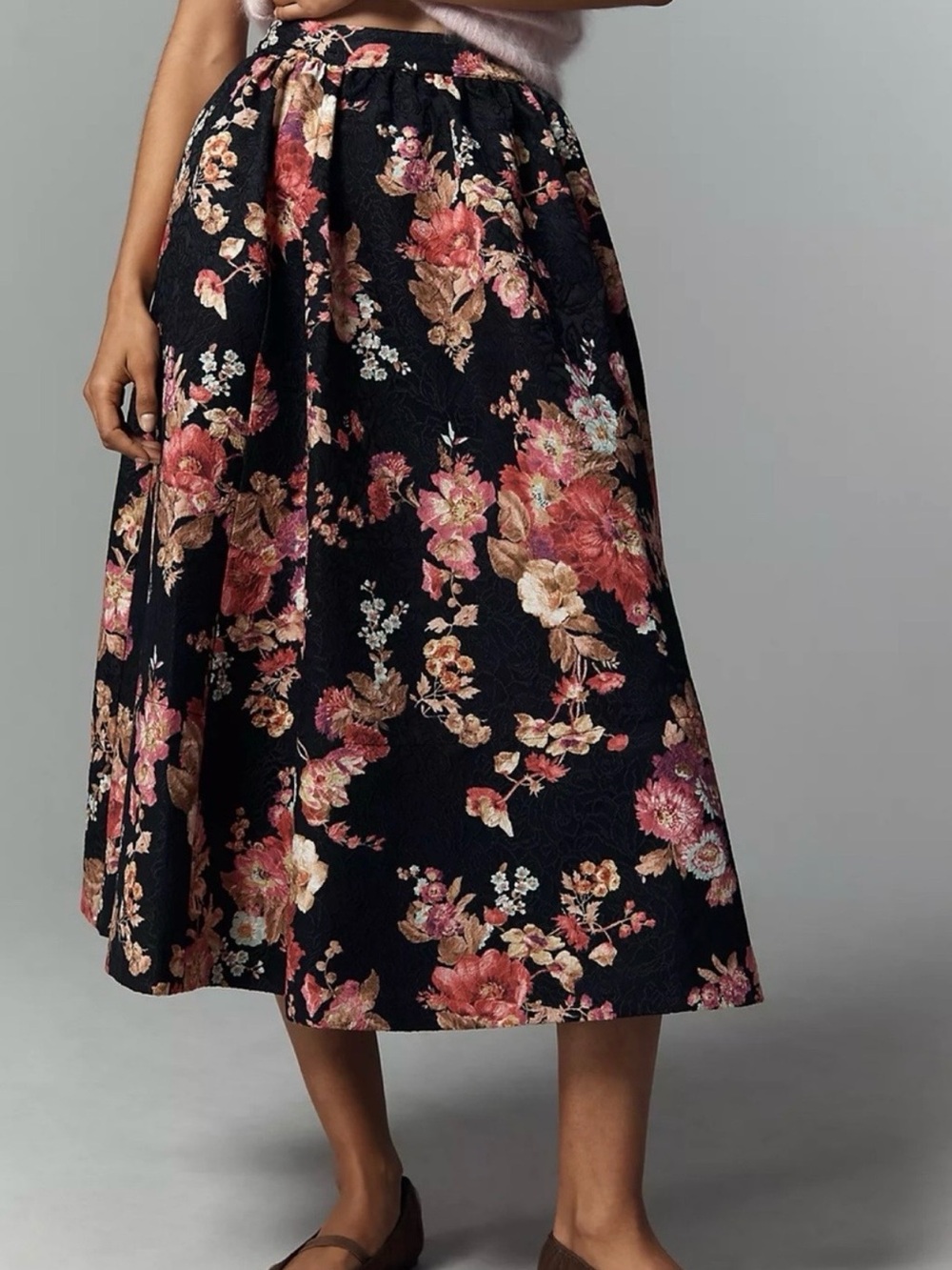 Anthropologie Black Floral Midi Skirt with Pink and Tan Blooms
